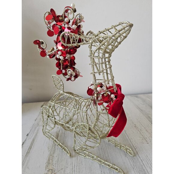 Pier 1 metal glitter gold sequin reindeer deer red decor centerpiece sparkle - Picture 4 of 11